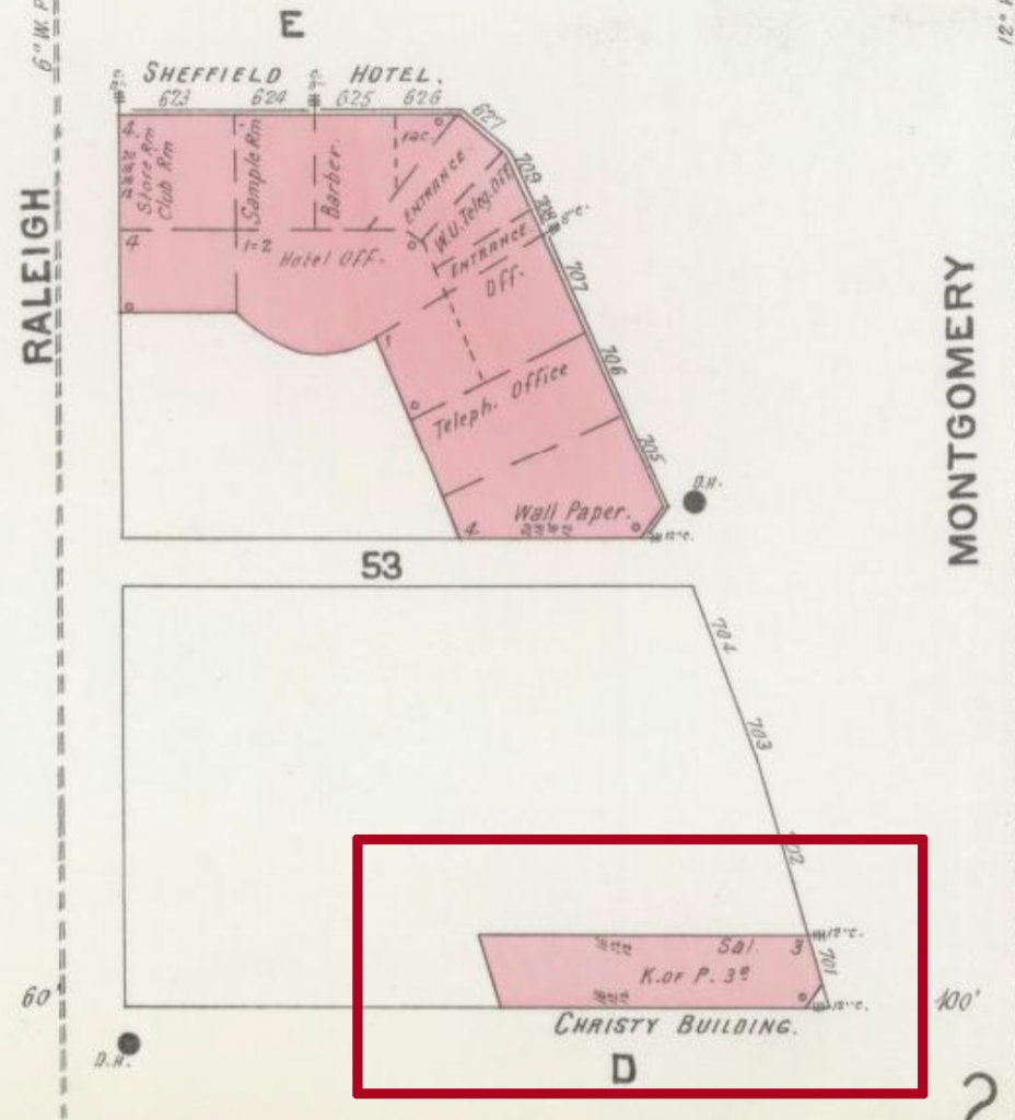 Sanborn map of Sheffield with the Christy Building identified by a red box