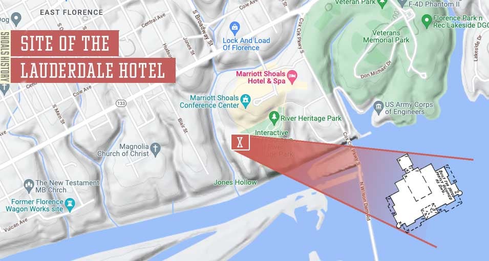Map of the estimated location of the Lauderdale Hotel in Florence, AL