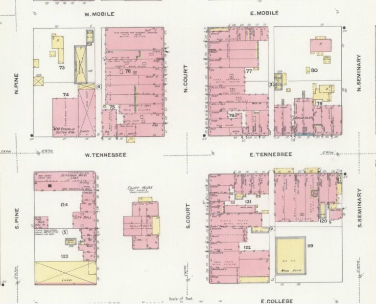 Example Sanborn Fire Insurance map showing buildings in downtown Florence Alabama