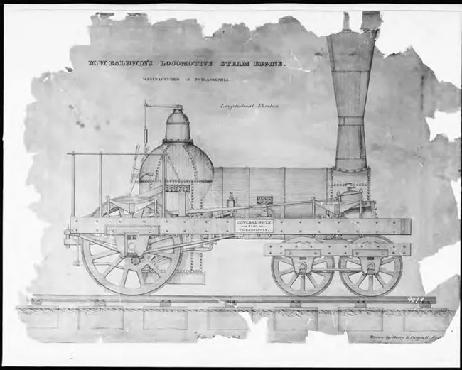 Drawing of the Baldwin Locomotive Works 4-2-0 type engine Martin Van Buren, built in 1839