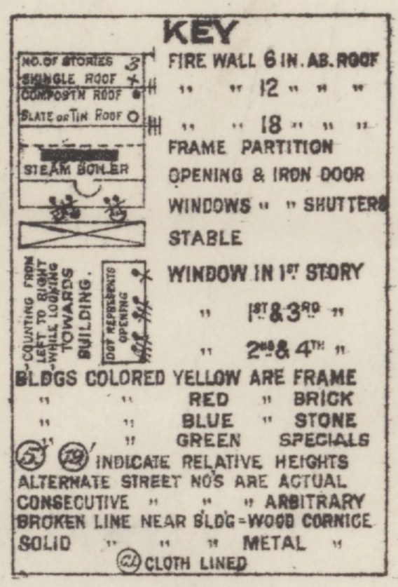 Sanborn Fire Insurance map key showing building colors and construction symbols