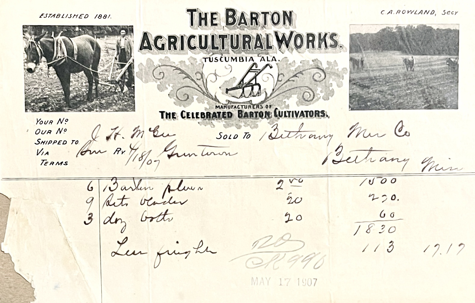 Barton Agricultural Works invoice