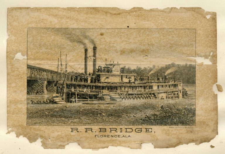 Florence Railroad Bridge Lithograph produced by Brandon Lithograph & Printing Company of Nashville depicting the Florence bridge with a steamboat and passengers on the Tennessee River. Date unknown.